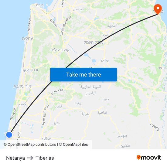 Netanya to Tiberias map