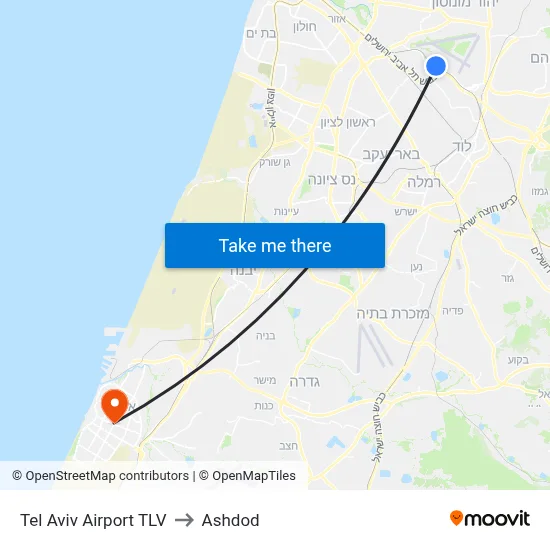 Tel Aviv Airport TLV to Ashdod map