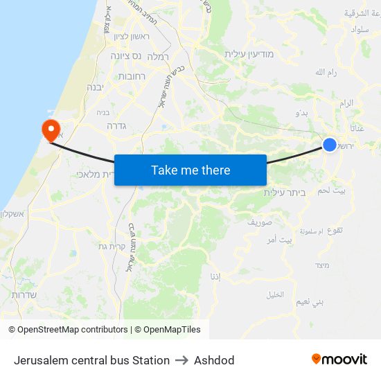 Jerusalem central bus Station to Ashdod map