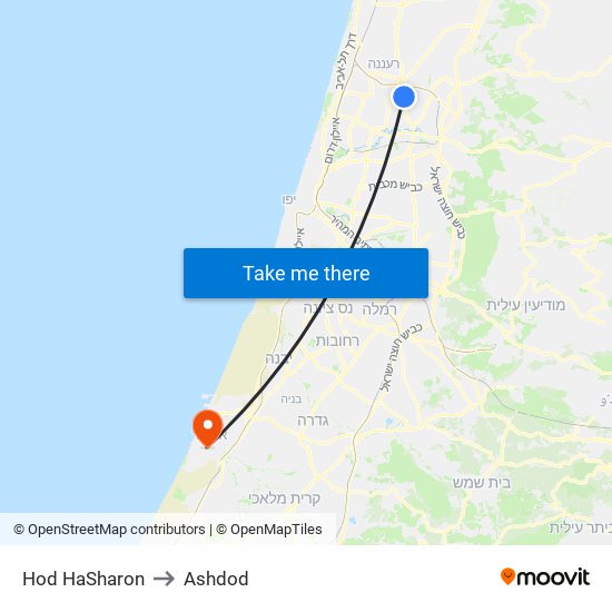 Hod HaSharon to Ashdod map