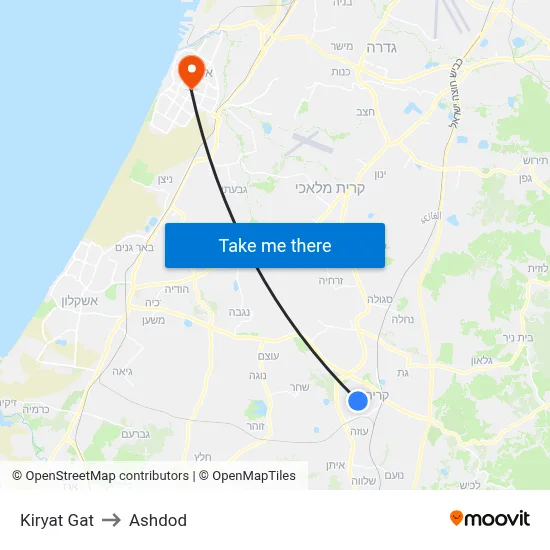 Kiryat Gat to Ashdod map