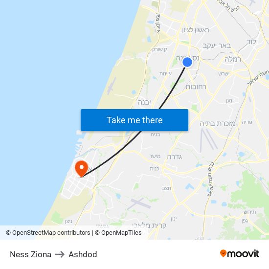 Ness Ziona to Ashdod map