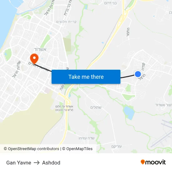 Gan Yavne to Ashdod map