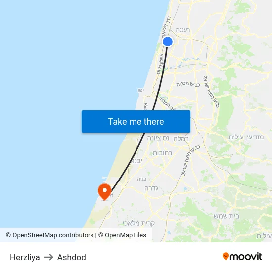 Herzliya to Ashdod map