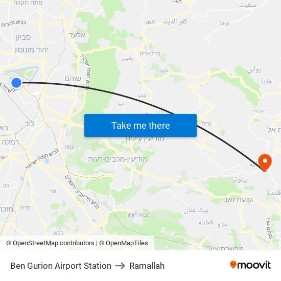 Ben Gurion Airport Station to Ramallah map