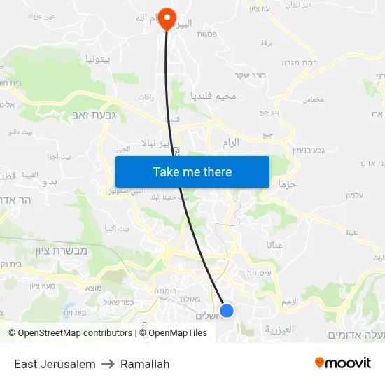 East Jerusalem to Ramallah map