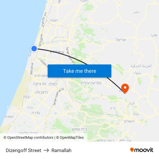 Dizengoff Street to Ramallah map