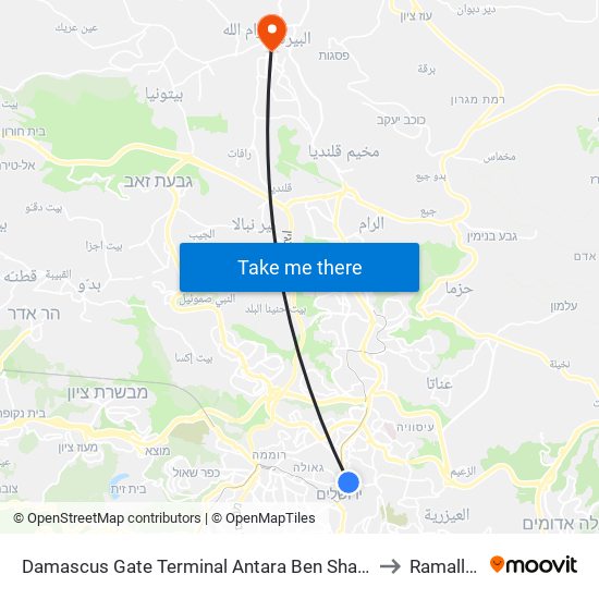 Damascus Gate Terminal Antara Ben Shadad to Ramallah map