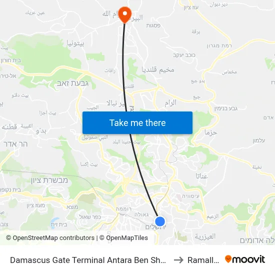 Damascus Gate Terminal Antara Ben Shadad to Ramallah map