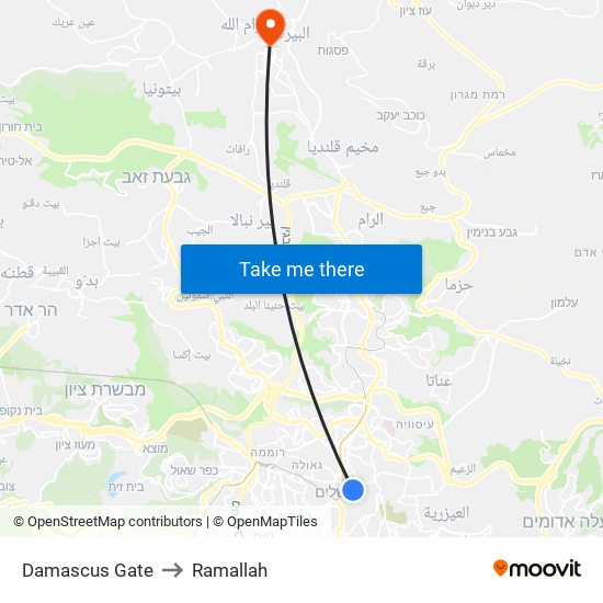 Damascus Gate to Ramallah map