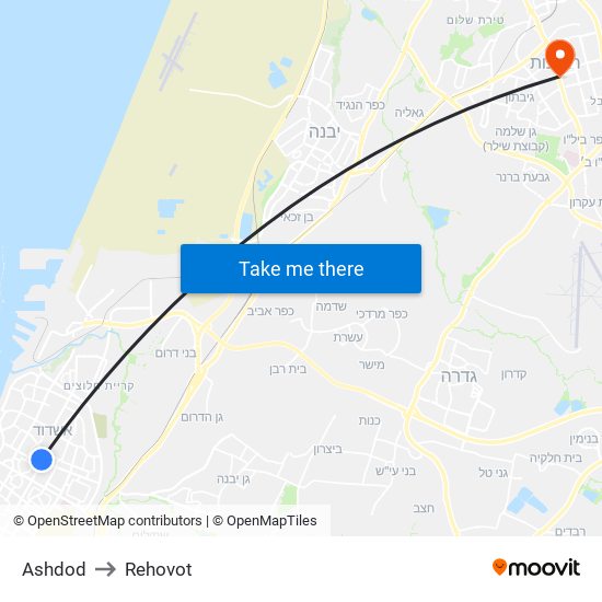 Ashdod to Rehovot map