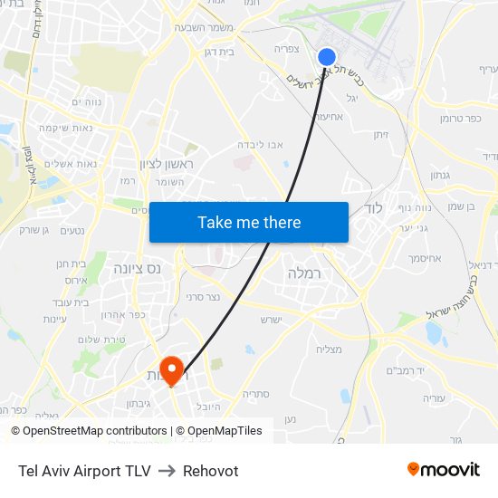 Tel Aviv Airport TLV to Rehovot map