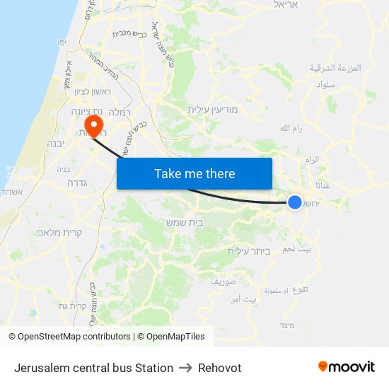 Jerusalem central bus Station to Rehovot map