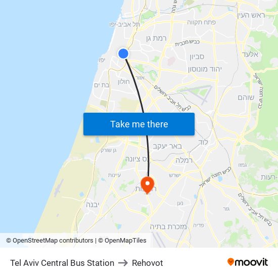 Tel Aviv Central Bus Station to Rehovot map