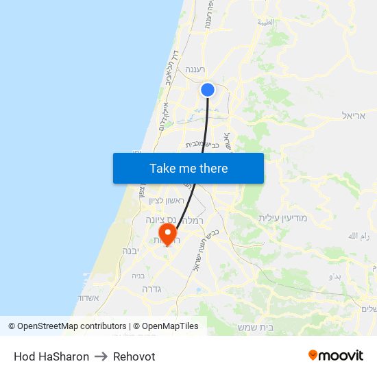 Hod HaSharon to Rehovot map