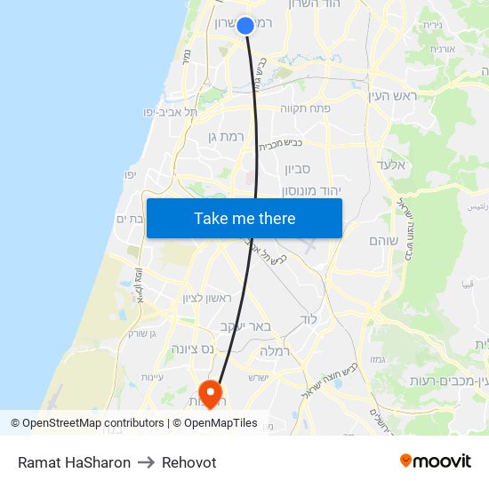Ramat HaSharon to Rehovot map