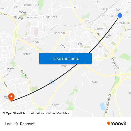Lod to Rehovot map