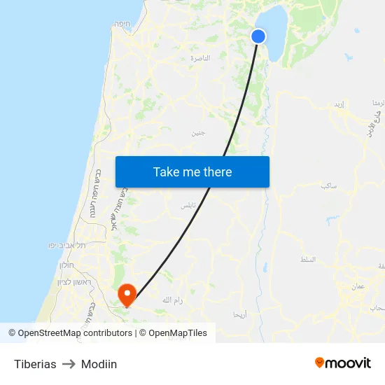 Tiberias to Modiin map