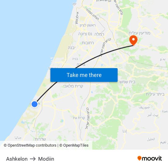 Ashkelon to Modiin map