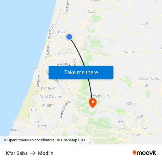 Kfar Saba to Modiin map