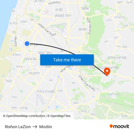 Rishon LeZion to Modiin map