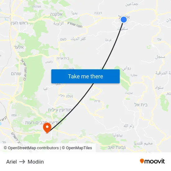 Ariel to Modiin map