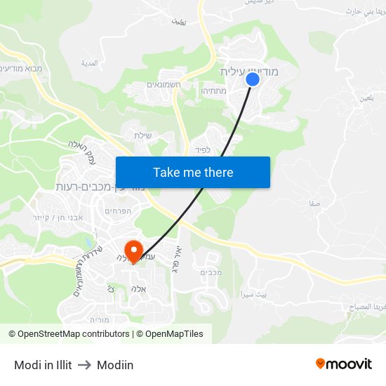 Modi in Illit to Modiin map