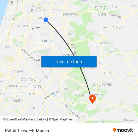 Petah Tikva to Modiin map