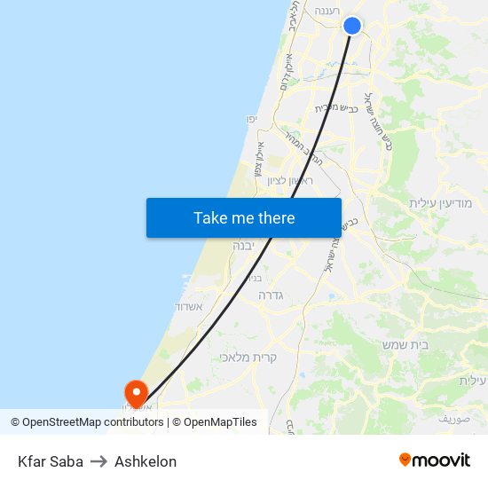 Kfar Saba to Ashkelon map