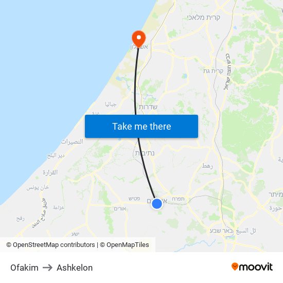 Ofakim to Ashkelon map