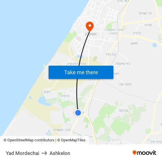 Yad Mordechai to Ashkelon map