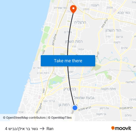 גשר בר אילן/כביש 4 to Ran map