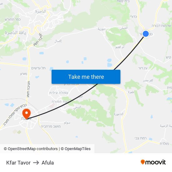 Kfar Tavor to Afula map