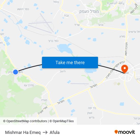 Mishmar Ha Emeq to Afula map