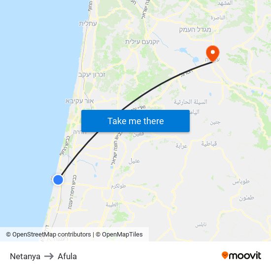 Netanya to Afula map