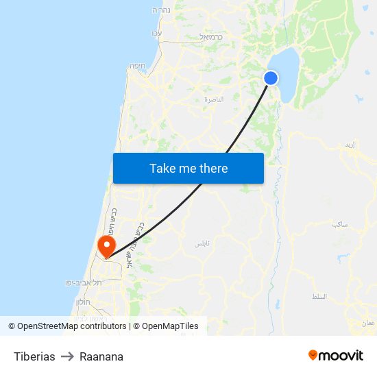 Tiberias to Raanana map