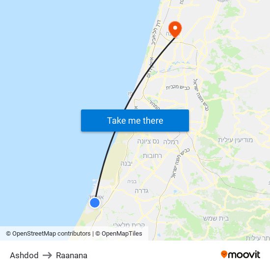 Ashdod to Raanana map