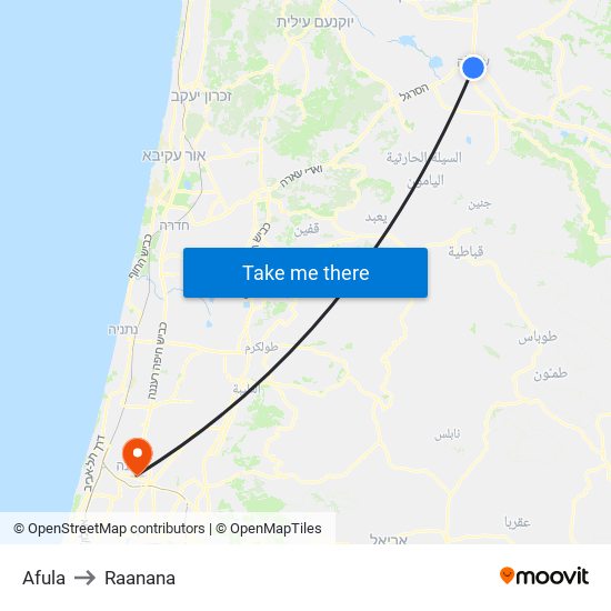 Afula to Raanana map