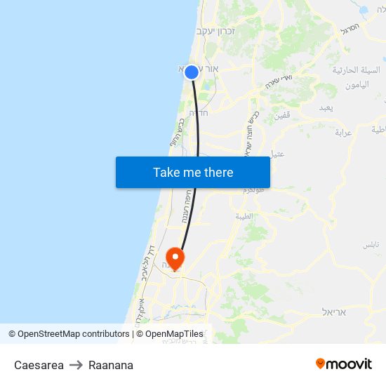 Caesarea to Raanana map