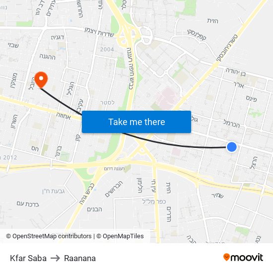 Kfar Saba to Raanana map