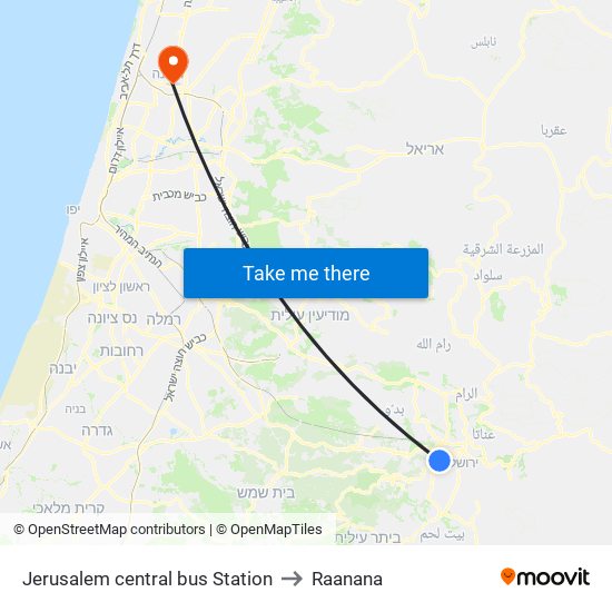 Jerusalem central bus Station to Raanana map