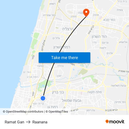 Ramat Gan to Raanana map