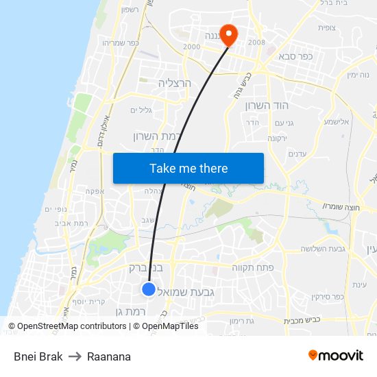 Bnei Brak to Raanana map