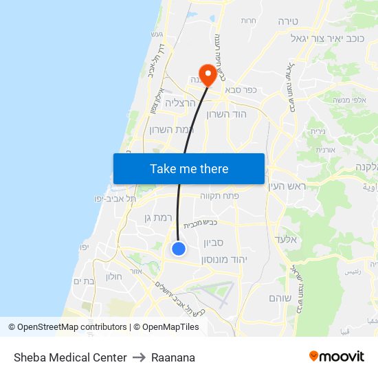 Sheba Medical Center to Raanana map