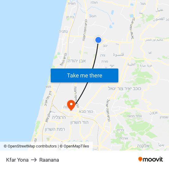 Kfar Yona to Raanana map