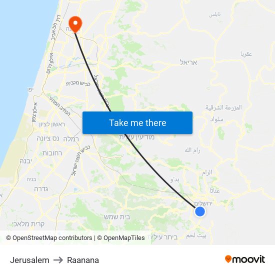 Jerusalem to Raanana map