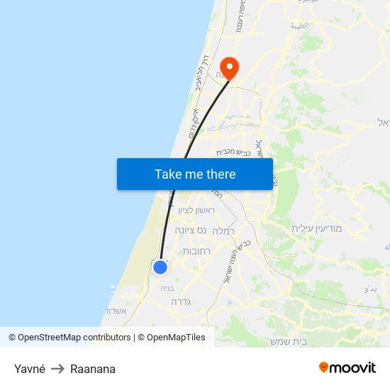Yavné to Raanana map