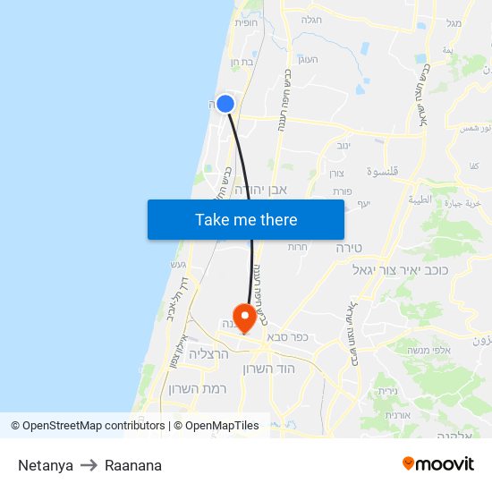 Netanya to Raanana map