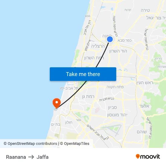 Raanana to Jaffa map