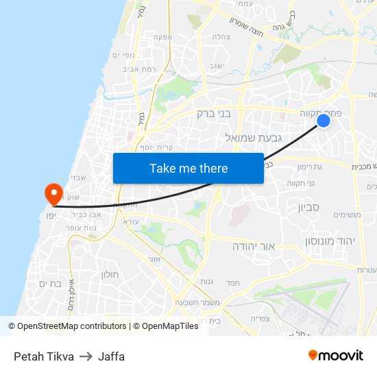Petah Tikva to Jaffa map